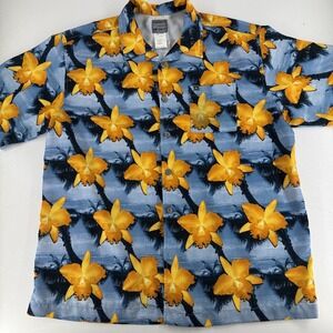 Vintage Quicksilver Hawaiian Shirt MENS‎ Blue Yellow Floral Button Close SIZE XL